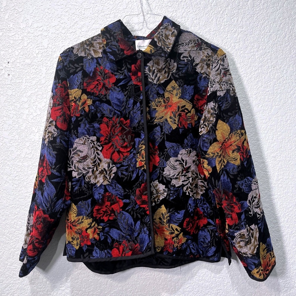 Coldwater Creek Jacket Women L Black‎ Floral Tapestry Woven Artsy Button Front